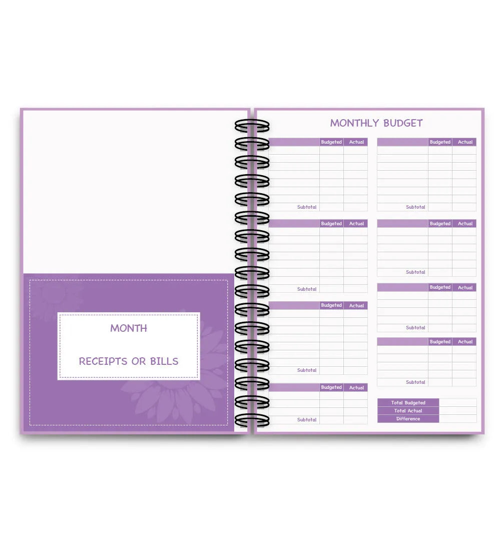 Purple coil-bound budget book set with pen, stickers and paper clips for financial planning