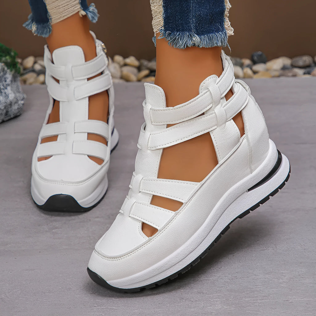 Black women's close-toed platform sandals with hollow-out design and Velcro strap