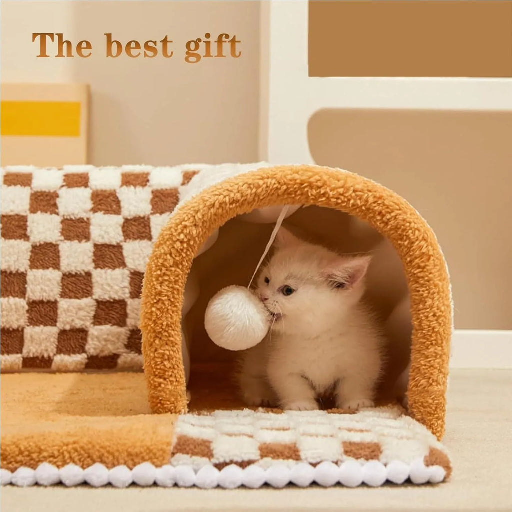 Brown plush plaid XL cat tunnel bed with central mat and non-slip bottom for indoor cats.