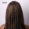 Gold or silver electroplated rhinestone headband with mesh pattern and decorative tassels