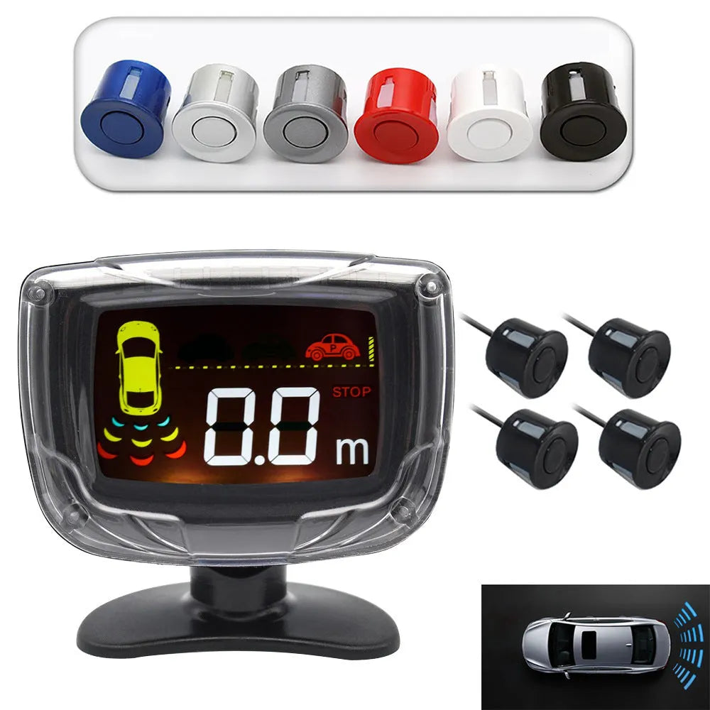 Wireless reversing sensor system with digital display, four probes, and installation accessories for vehicle obstacle detection