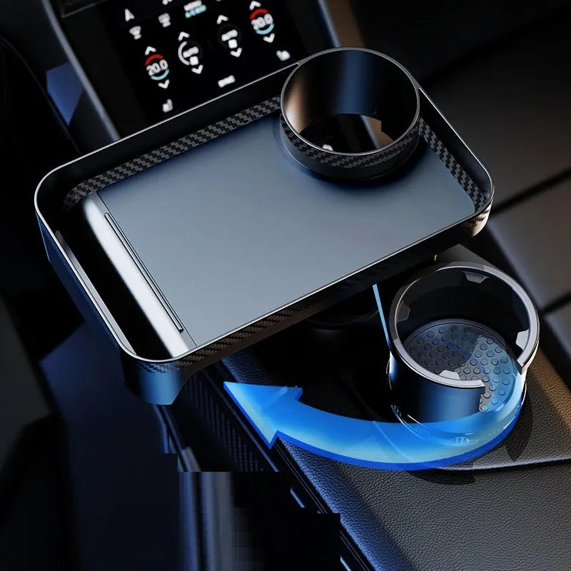 Black ABS plastic car-mounted rotating dinner tray holder showing 360-degree adjustment mechanism