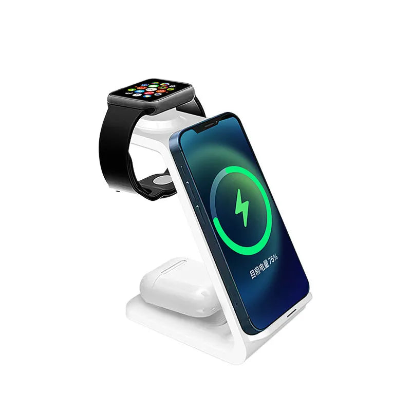 White 3-in-1 upright wireless phone charger with dual coil technology and Type-C cable