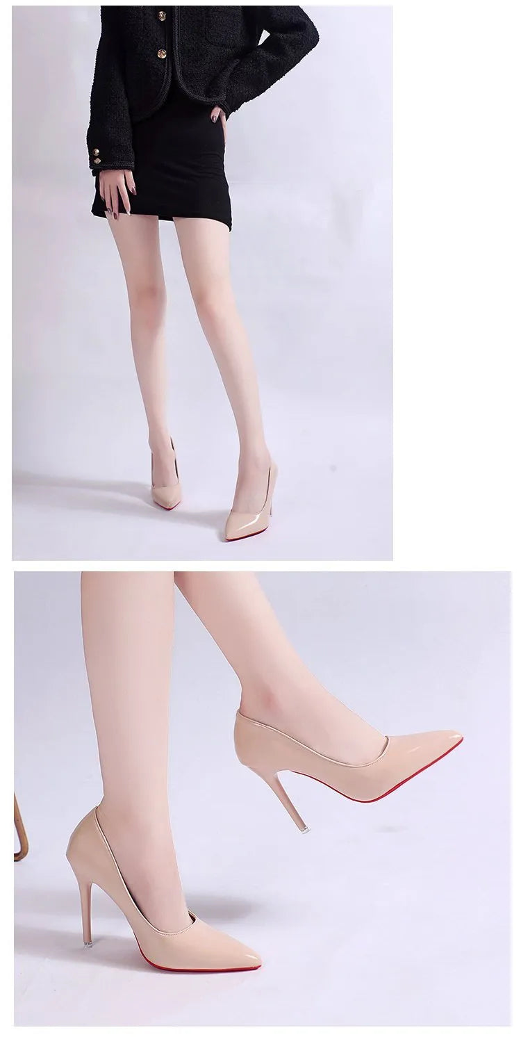 Women's black PU stiletto heel pump shoes with pointed toe and shallow mouth cutout design on white background