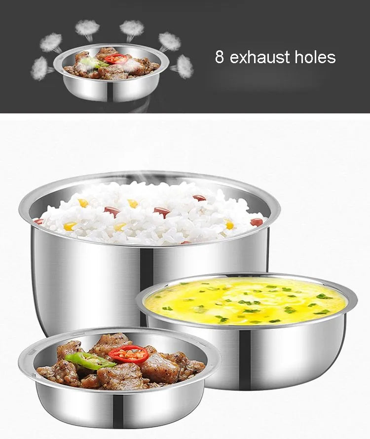 Multi-function electric lunch box with heating element showing two-layer and three-layer capacity options