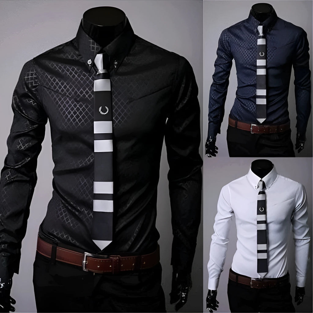 Men's fitted long sleeve shirt in designer plaid stripes pattern, cotton blend, classic square collar, available in black, blue, navy, red wine, royal blue, white