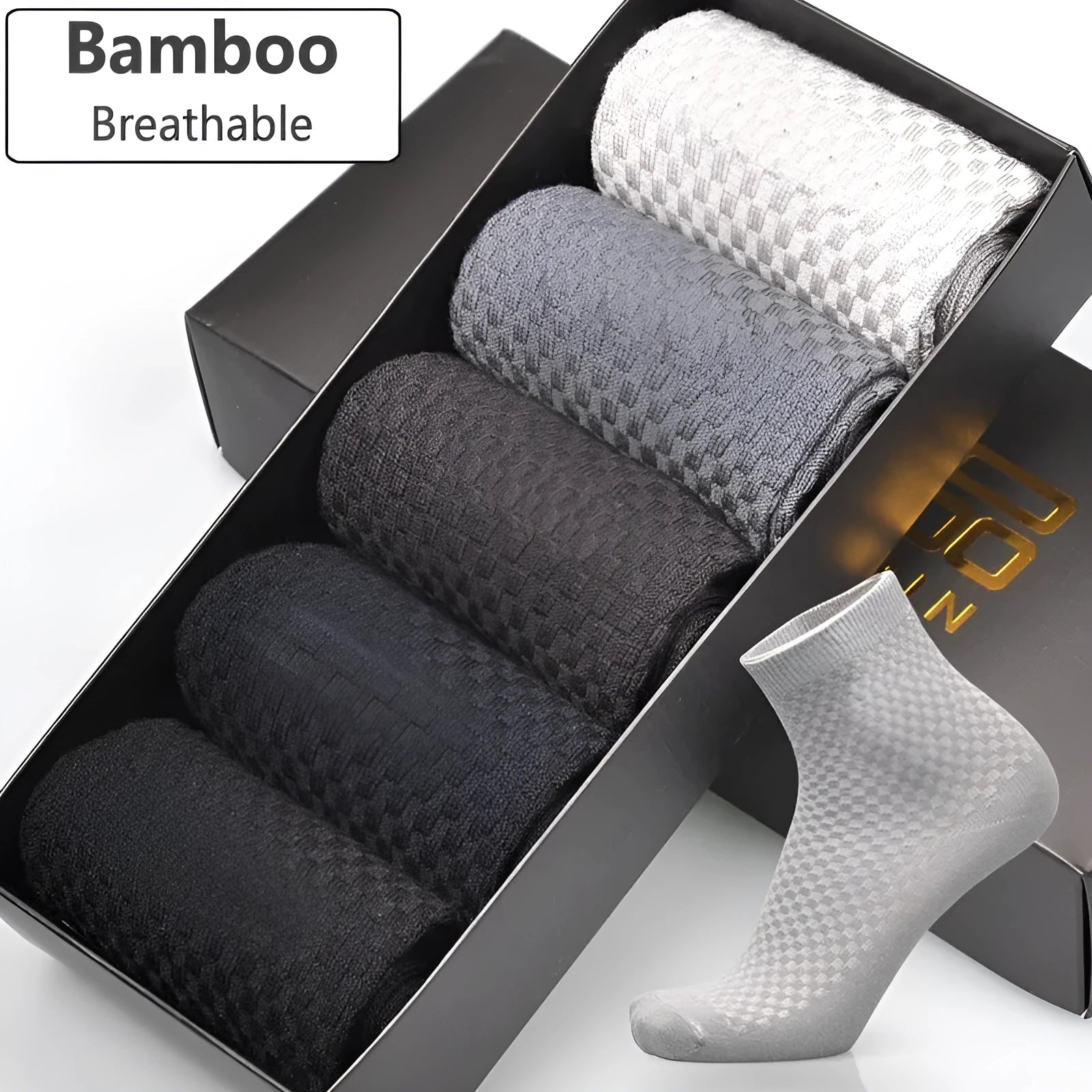 Men's bamboo fibre business socks showing small square pattern design in neutral colour options