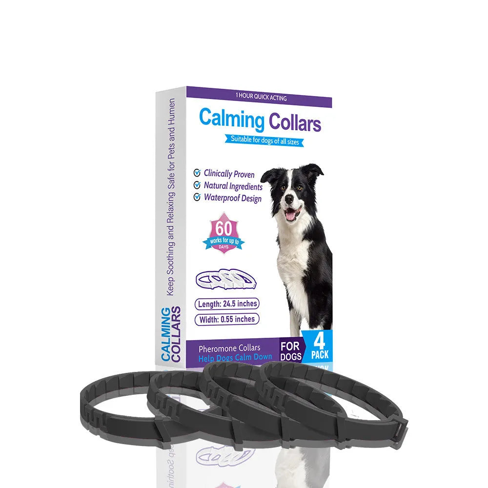 Four dog anxiety relief collars in assorted colours with adjustable 62cm length and TPR material