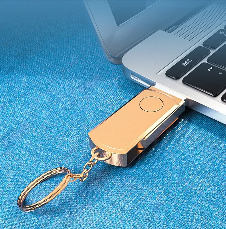 Metal USB flash drive for iPhone in Gold, 128GB or 256GB capacity, compact and portable
