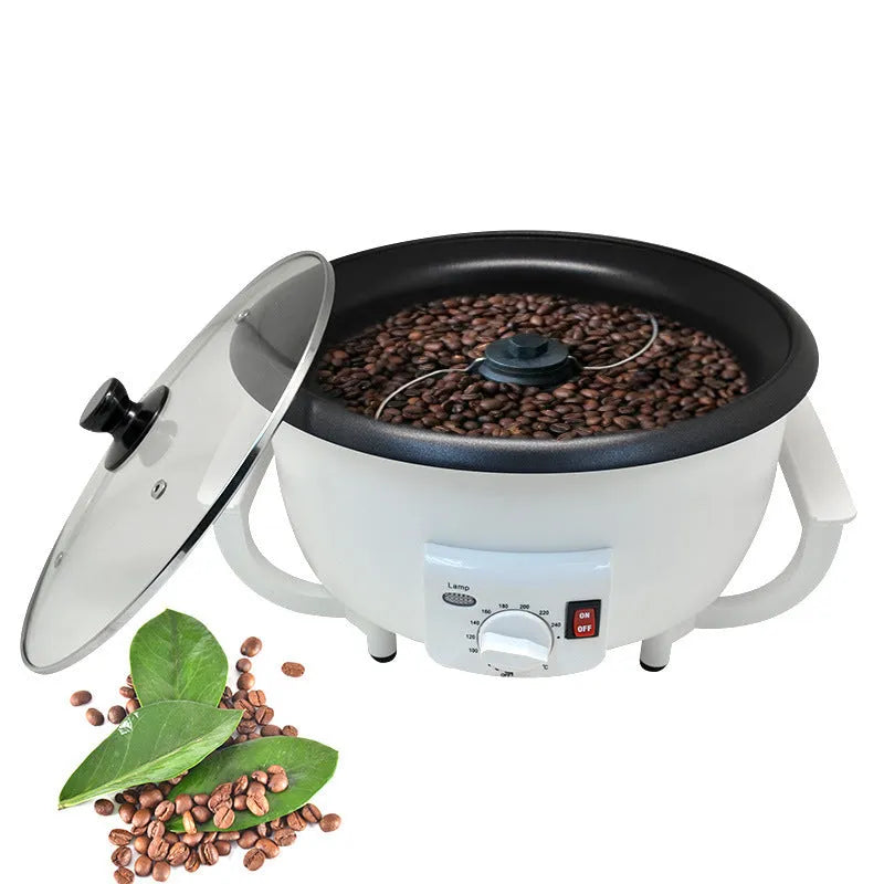 White oblate home coffee bean roasting machine with 750g capacity.