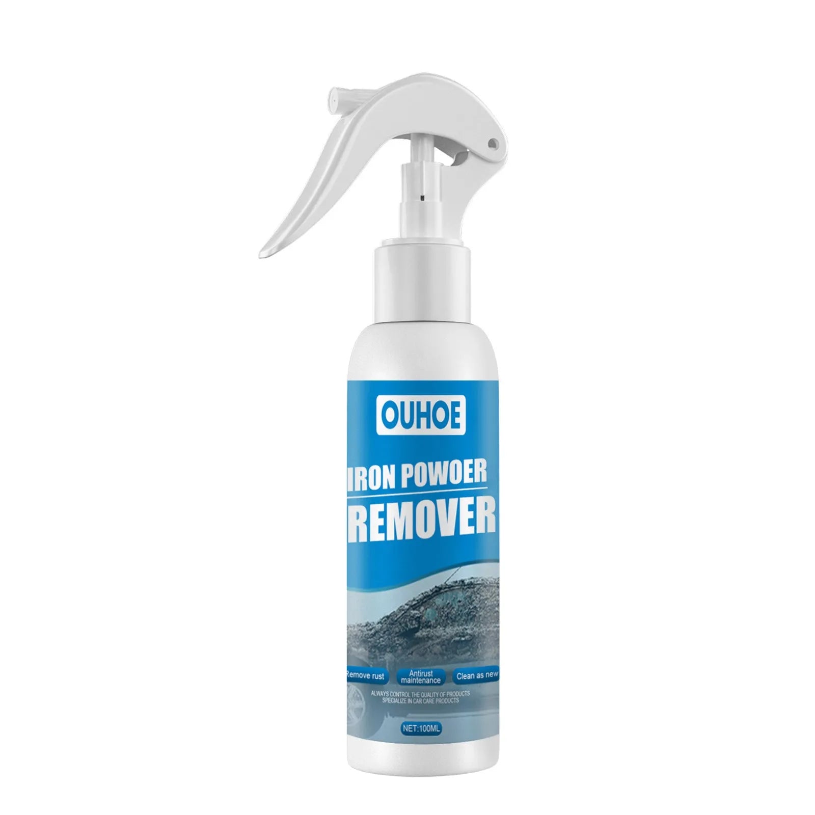 Blue car rust remover spray bottle with a choice of sponge or towel applicator.