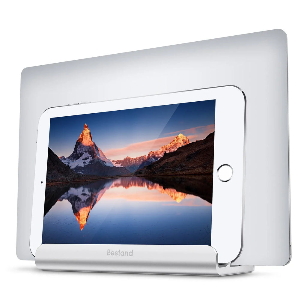 Silver aluminium alloy tablet computer bracket on a desktop