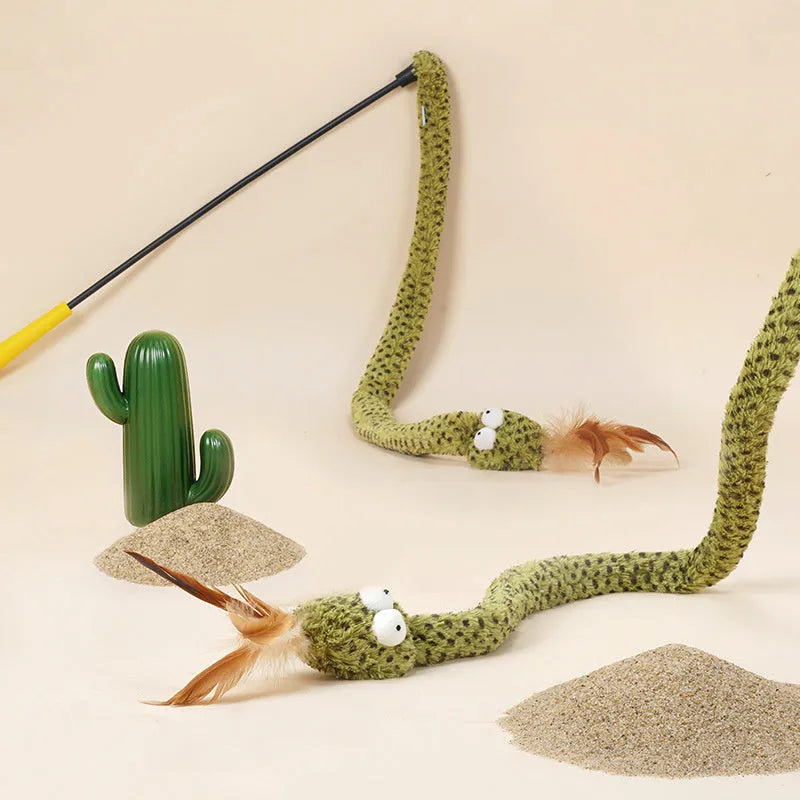 Green cat teasing stick toy with snake shape and feathers on a long 140cm pole.