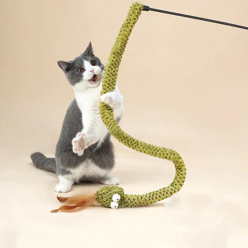 Green cat teasing stick toy with snake shape and feathers on a long 140cm pole.