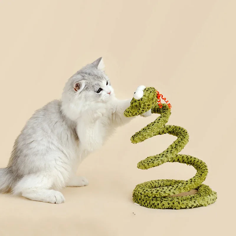 Green cat teasing stick toy with snake shape and feathers on a long 140cm pole.