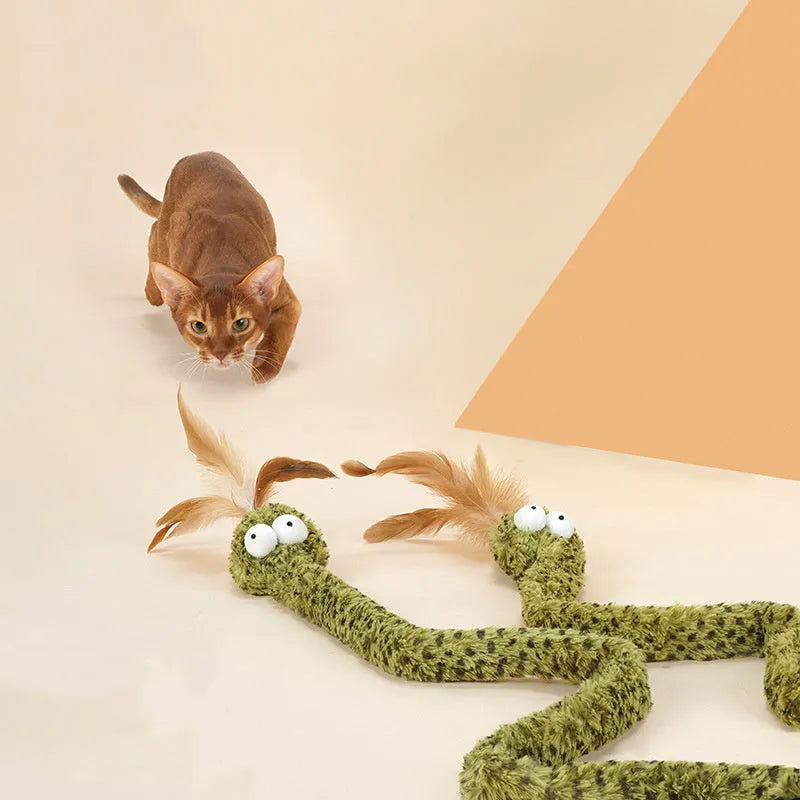 Green cat teasing stick toy with snake shape and feathers on a long 140cm pole.