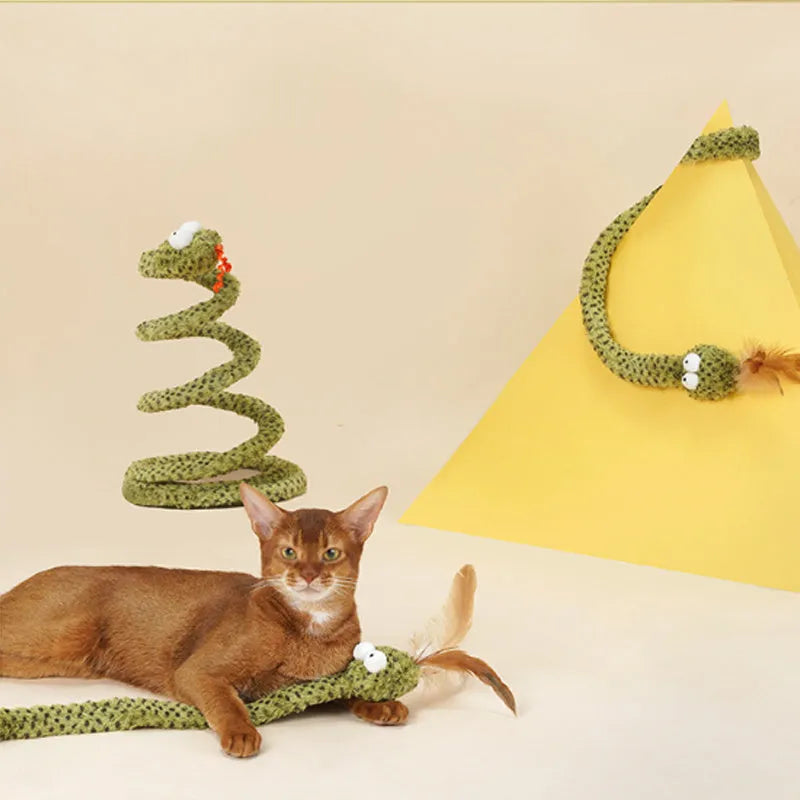 Green cat teasing stick toy with snake shape and feathers on a long 140cm pole.