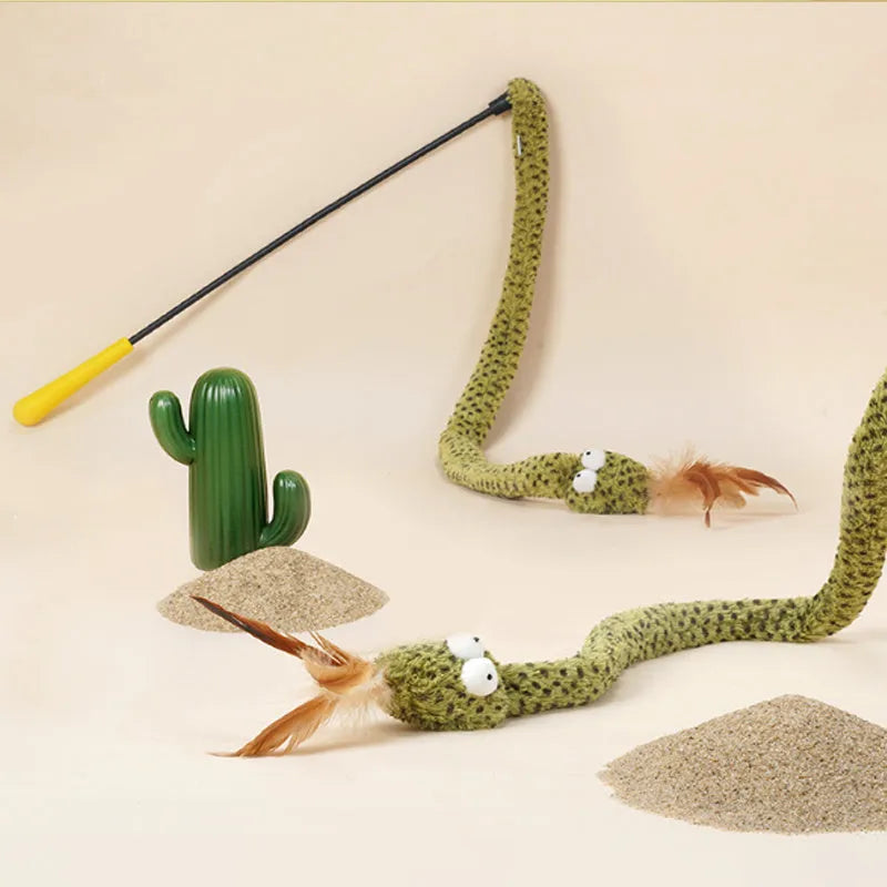 Green cat teasing stick toy with snake shape and feathers on a long 140cm pole.