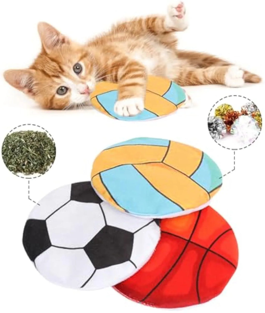 Soft plush cat toy with sports ball pattern, shown as a flat flying disc with dimensions 5 cm by 5 cm