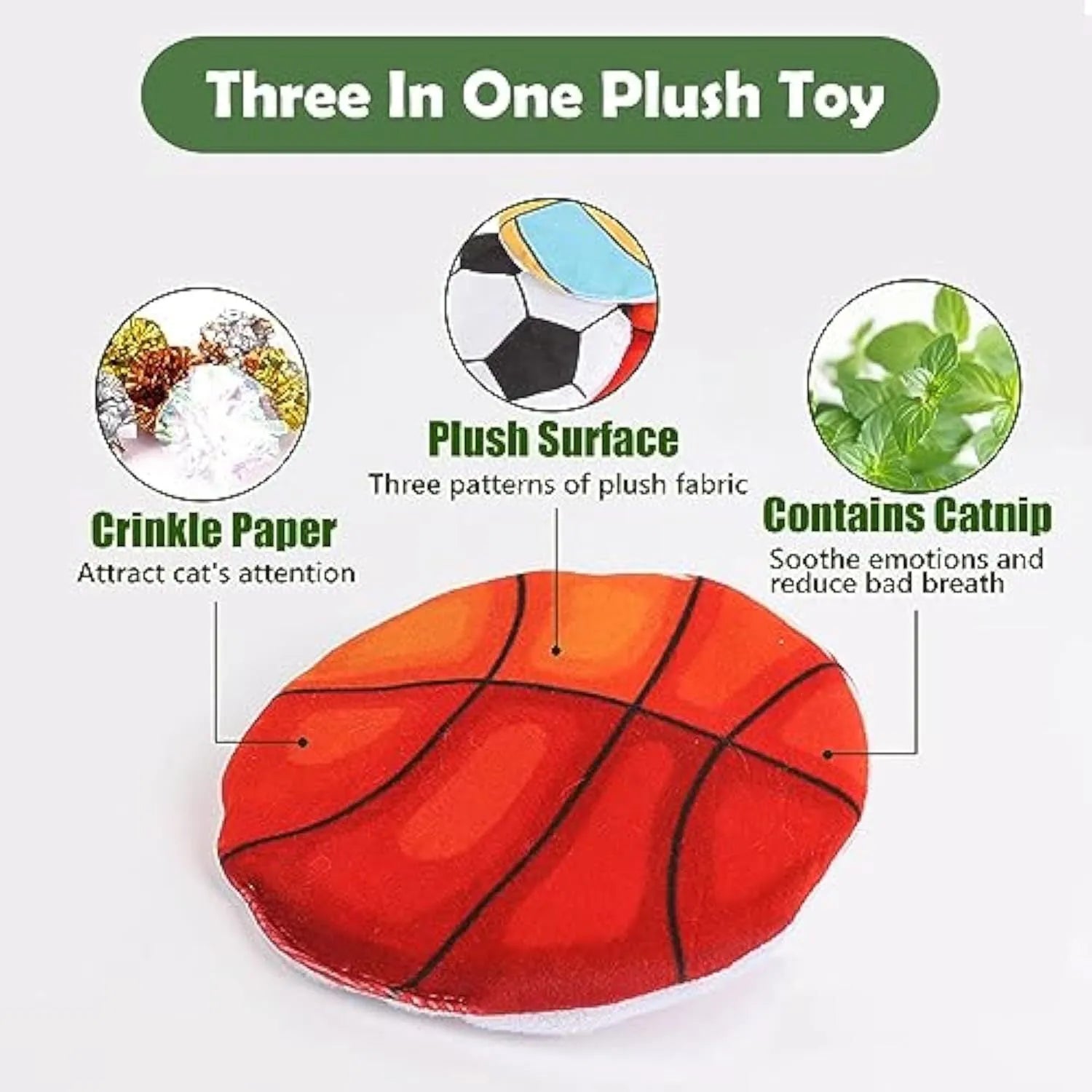 Soft plush cat toy with sports ball pattern, shown as a flat flying disc with dimensions 5 cm by 5 cm
