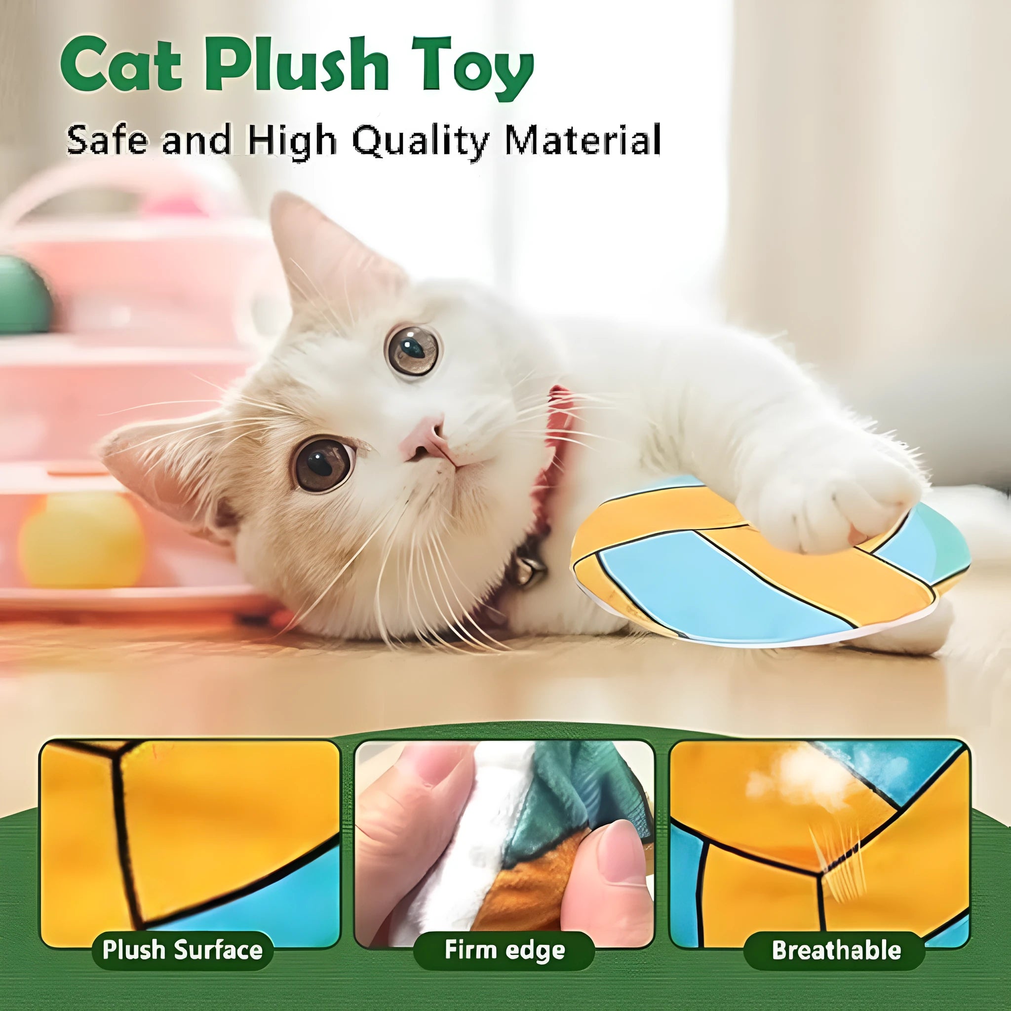 Soft plush cat toy with sports ball pattern, shown as a flat flying disc with dimensions 5 cm by 5 cm
