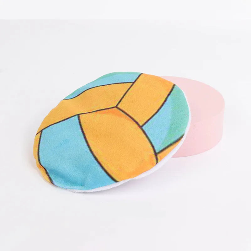Soft plush cat toy with sports ball pattern, shown as a flat flying disc with dimensions 5 cm by 5 cm