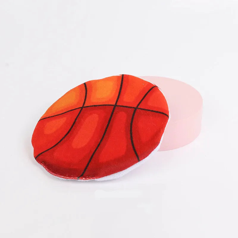Soft plush cat toy with sports ball pattern, shown as a flat flying disc with dimensions 5 cm by 5 cm