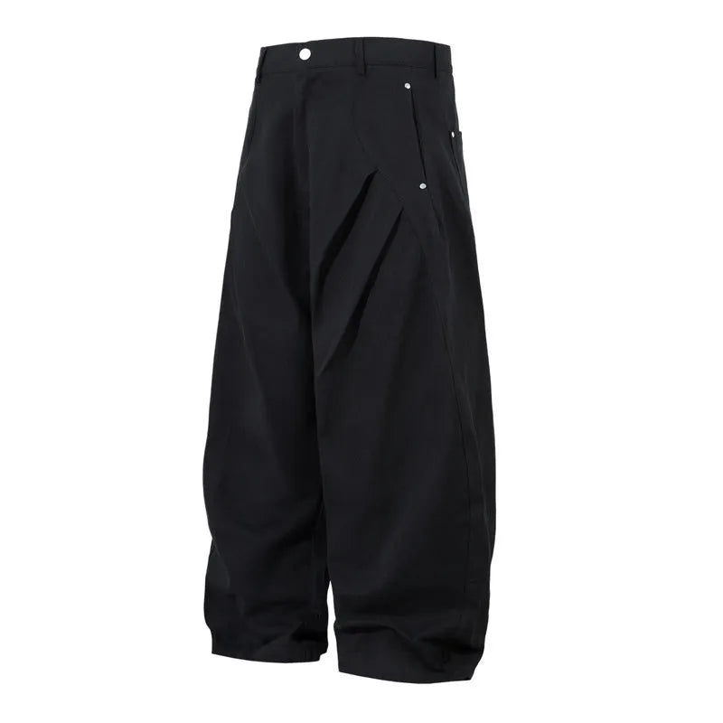 Black men's wide-leg casual trousers with front pleated machete detailing on a mid waist.