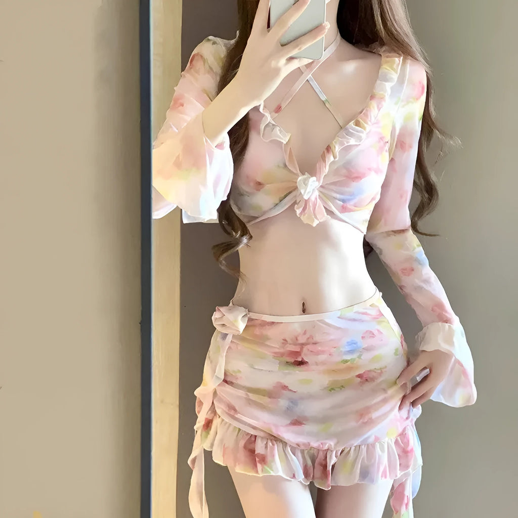 Women's floral bikini swimsuit in cherry blossom powder colour with matching top and bottom