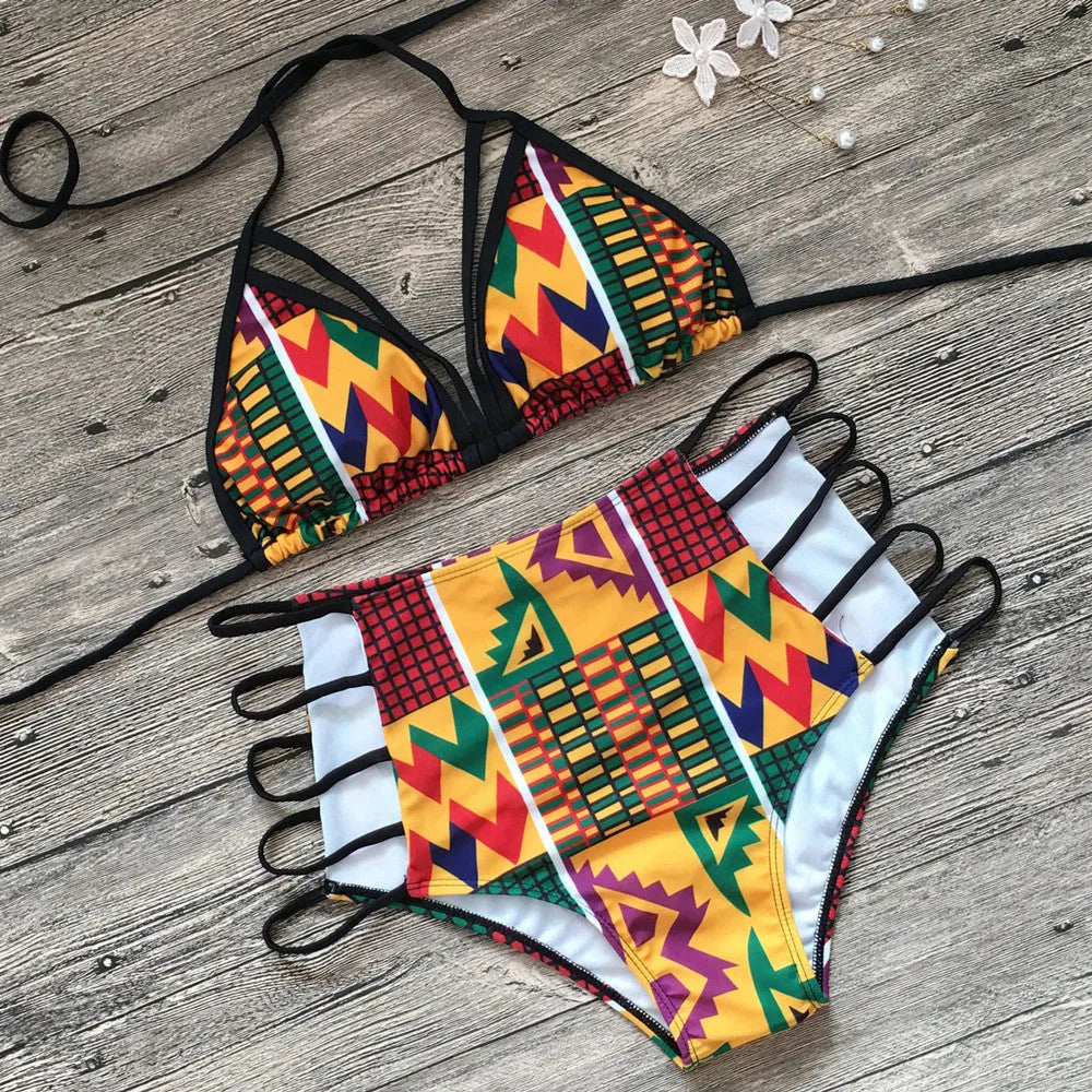 Women's high-waisted bikini set with digital print pattern, showing top and briefs.