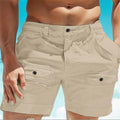 Men's linen beach shorts with elastic waistband and button pockets in white or khaki colours