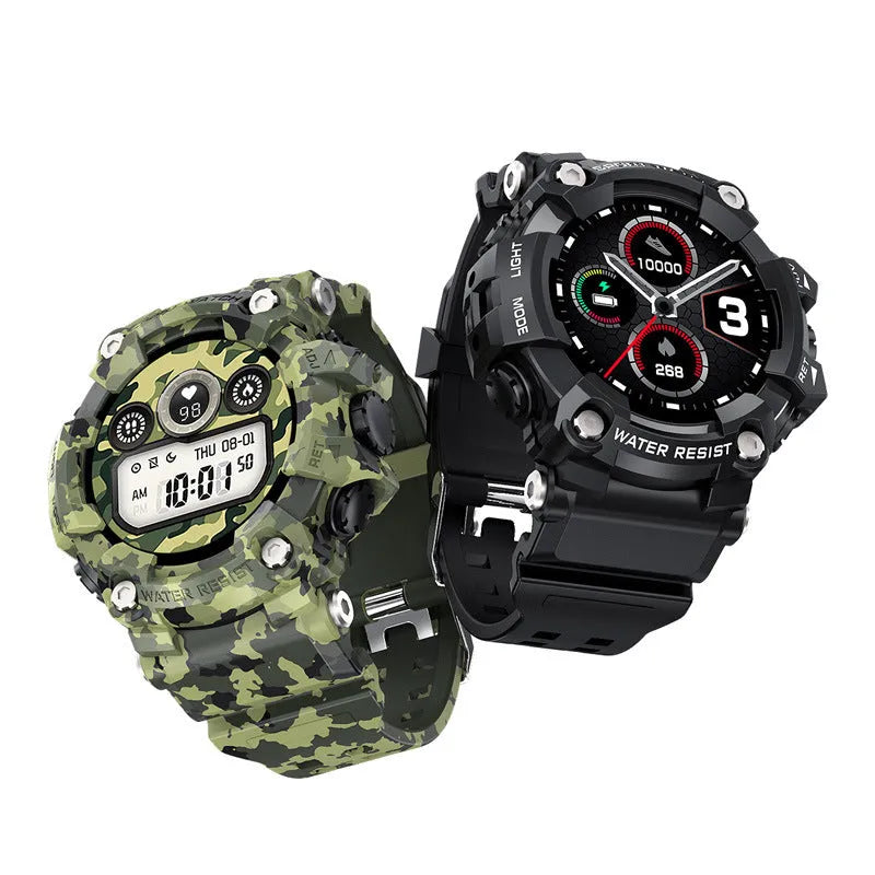 Black or Green T6 tactical rugged smart watch with 1.3-inch screen on wrist.