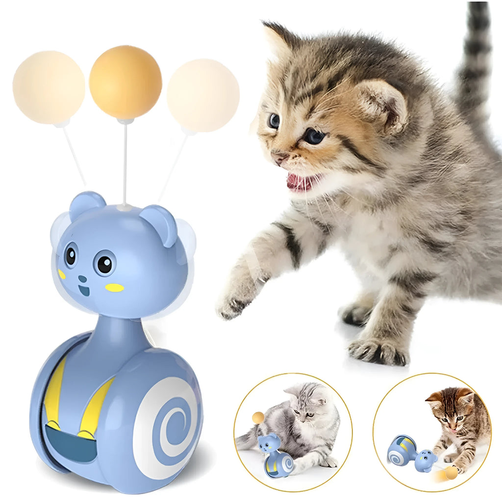 Pink and blue cat tumbler toy with rotating ball and feather wand options on a plain background.