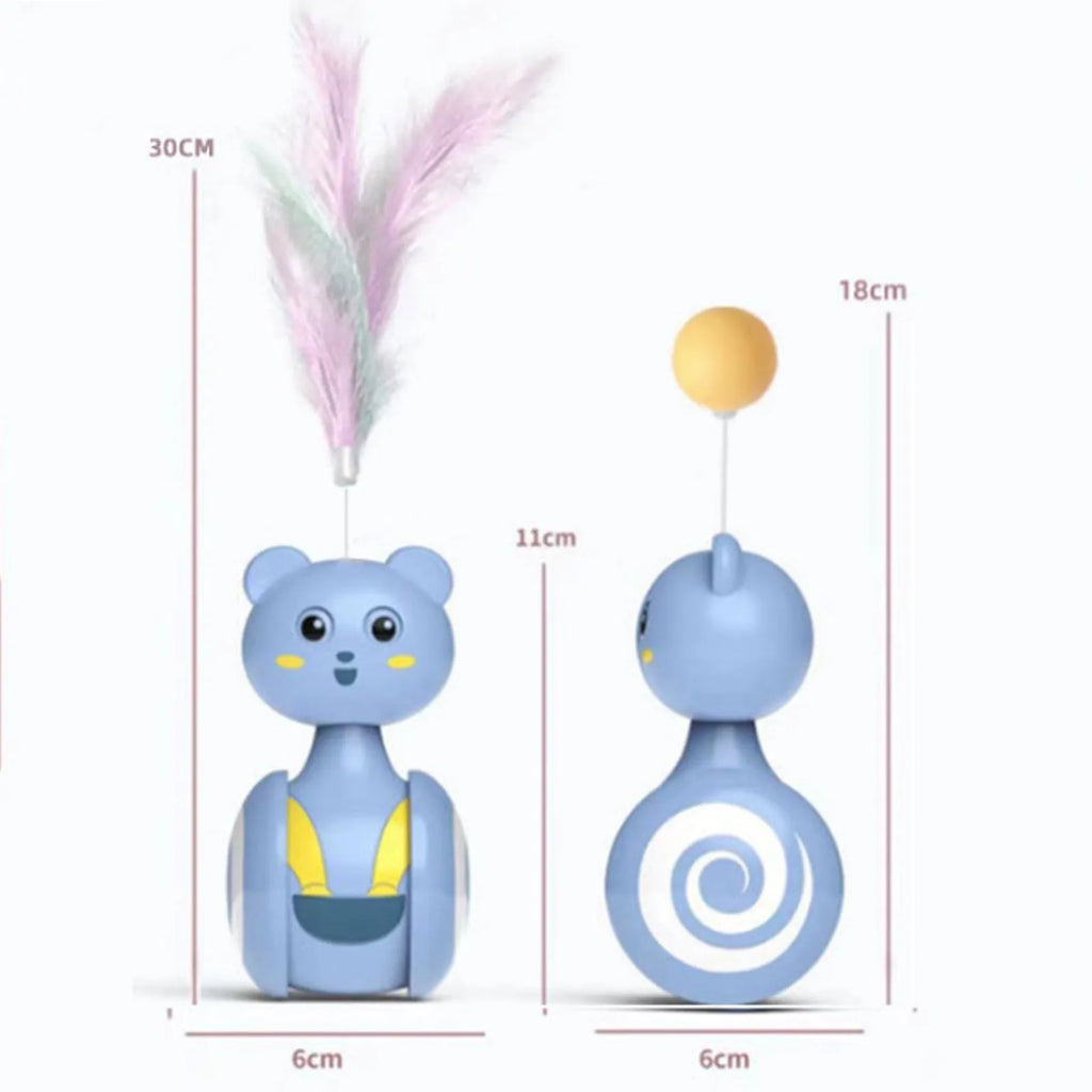 Pink and blue cat tumbler toy with rotating ball and feather wand options on a plain background.