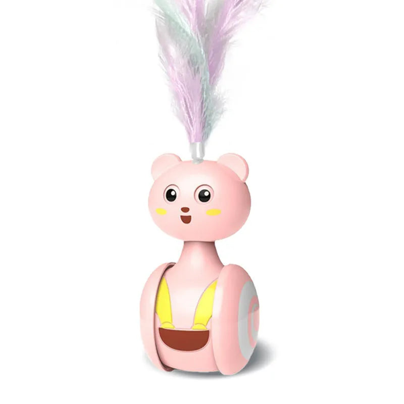 Pink and blue cat tumbler toy with rotating ball and feather wand options on a plain background.
