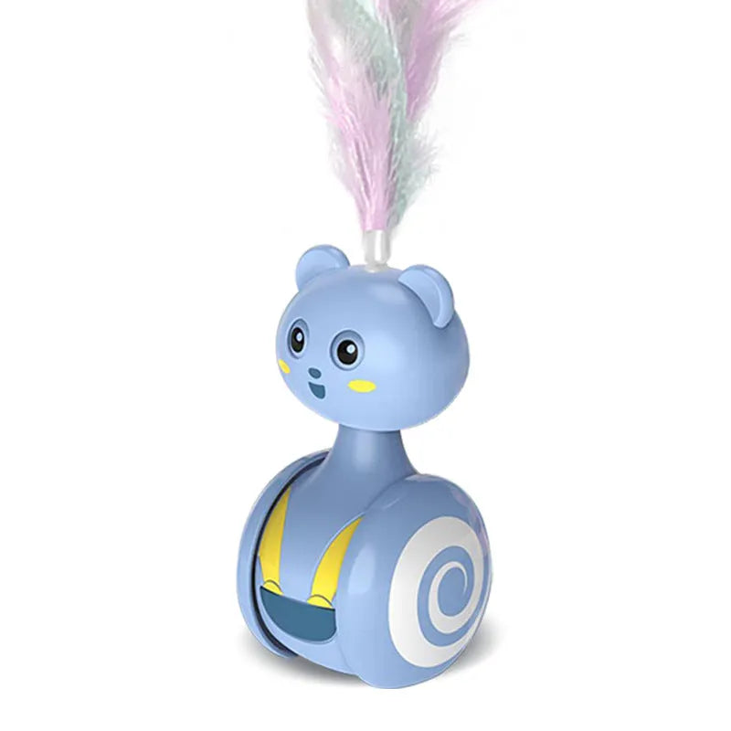 Pink and blue cat tumbler toy with rotating ball and feather wand options on a plain background.