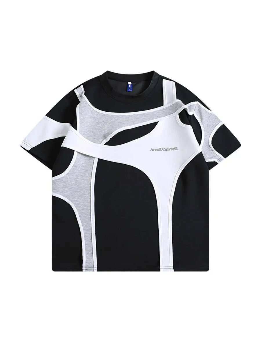 Men's black cotton t-shirt with double stitching detail and padded shoulders in loose fit