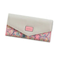 Women's black PU leather three-fold wallet with a buckle fastener, showing card slots and note compartment.