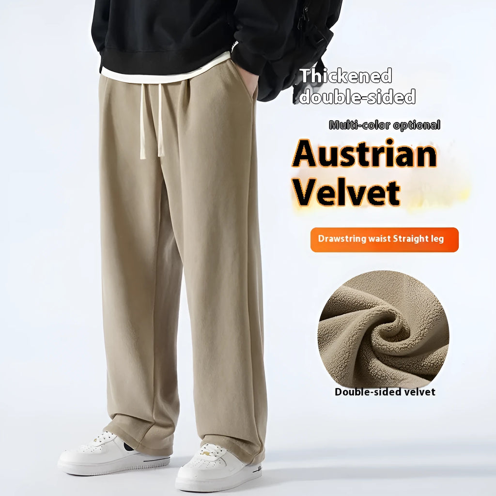 Men's double-sided polar fleece sports casual pants with fleece-lined thickening in apricot colour