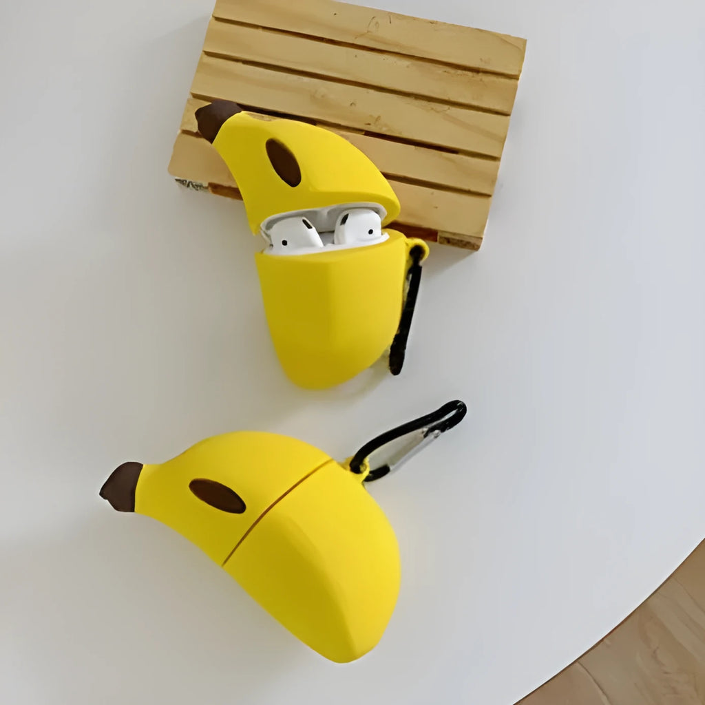 Yellow banana shaped silicone protective case compatible with Apple AirPods Pro wireless headset