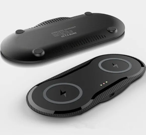 Black and white dual wireless charging pad with two phone charging surfaces and Type-C cable