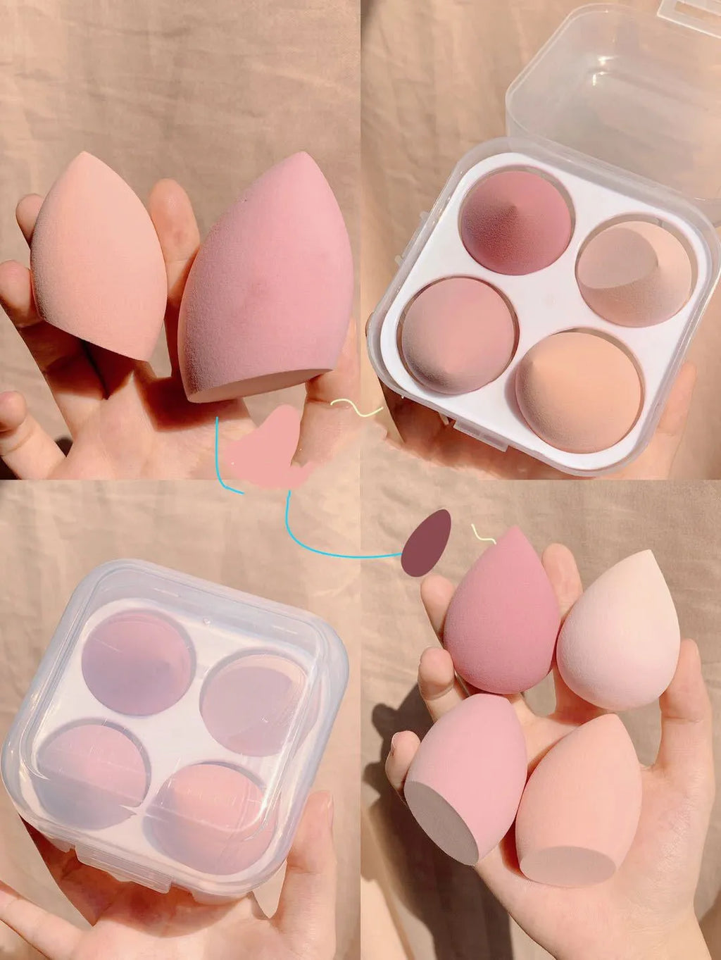 Four makeup egg sponges in grape, mango, mint, and peach peach colours, each approximately 6cm long
