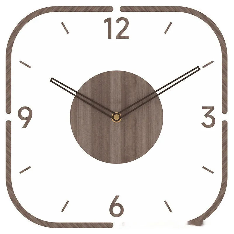 Transparent wooden frame wall clock with clear dial showing modern design, 35cm square size