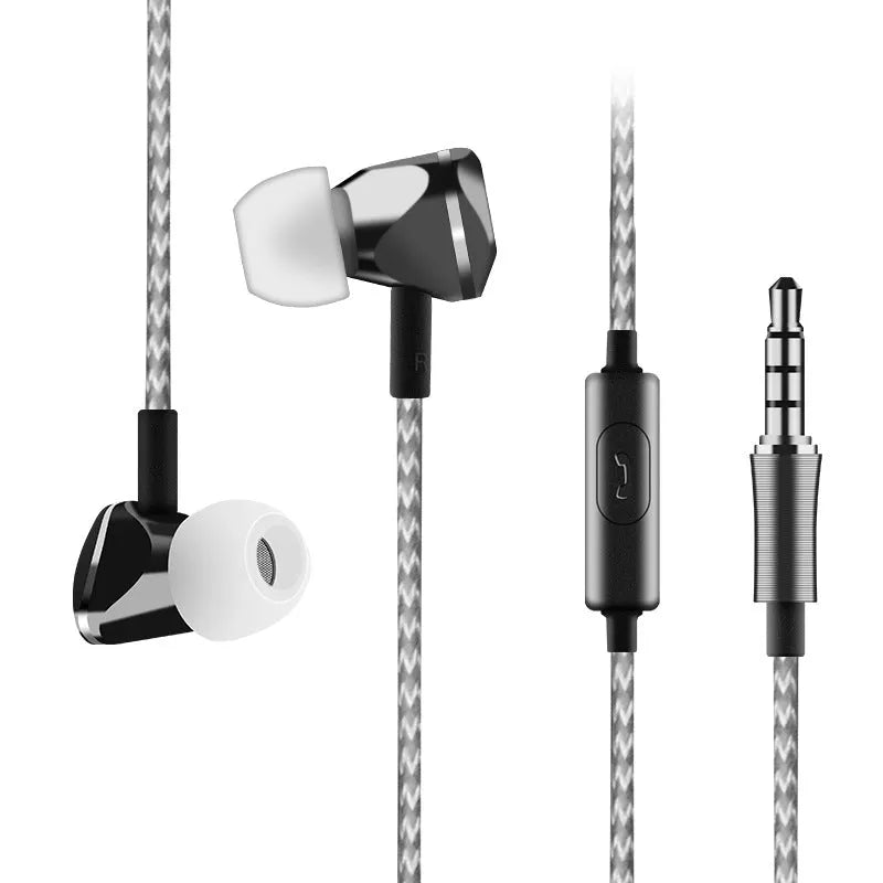 Black wired in-ear earphone with heavy bass 10mm driver and built-in microphone on white background