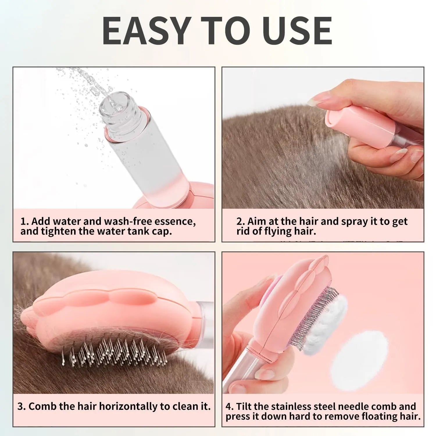 Grey spray cat brush with self-cleaning button and water spray function for pet grooming