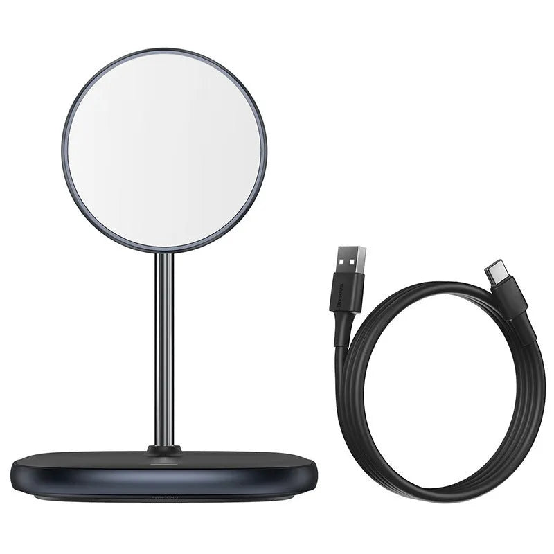 Swan Magnetic Desktop Stand Wireless Charger for Apple iPhone 12 in black colour showing stand design