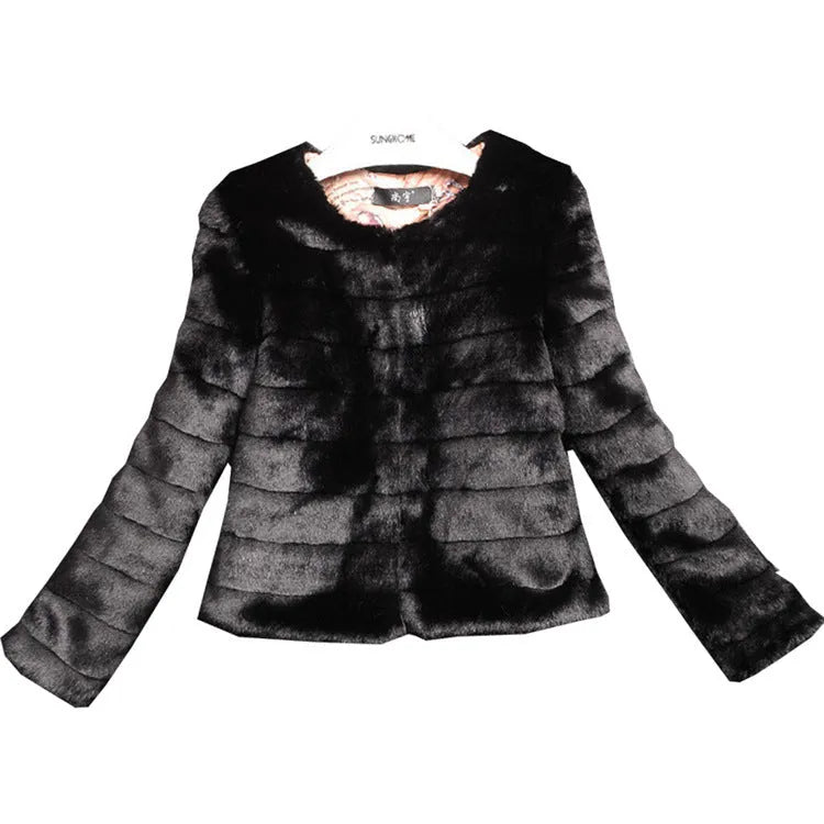 Women's short length faux fur top in beige on a model, showing regular sleeves and streetwear style.