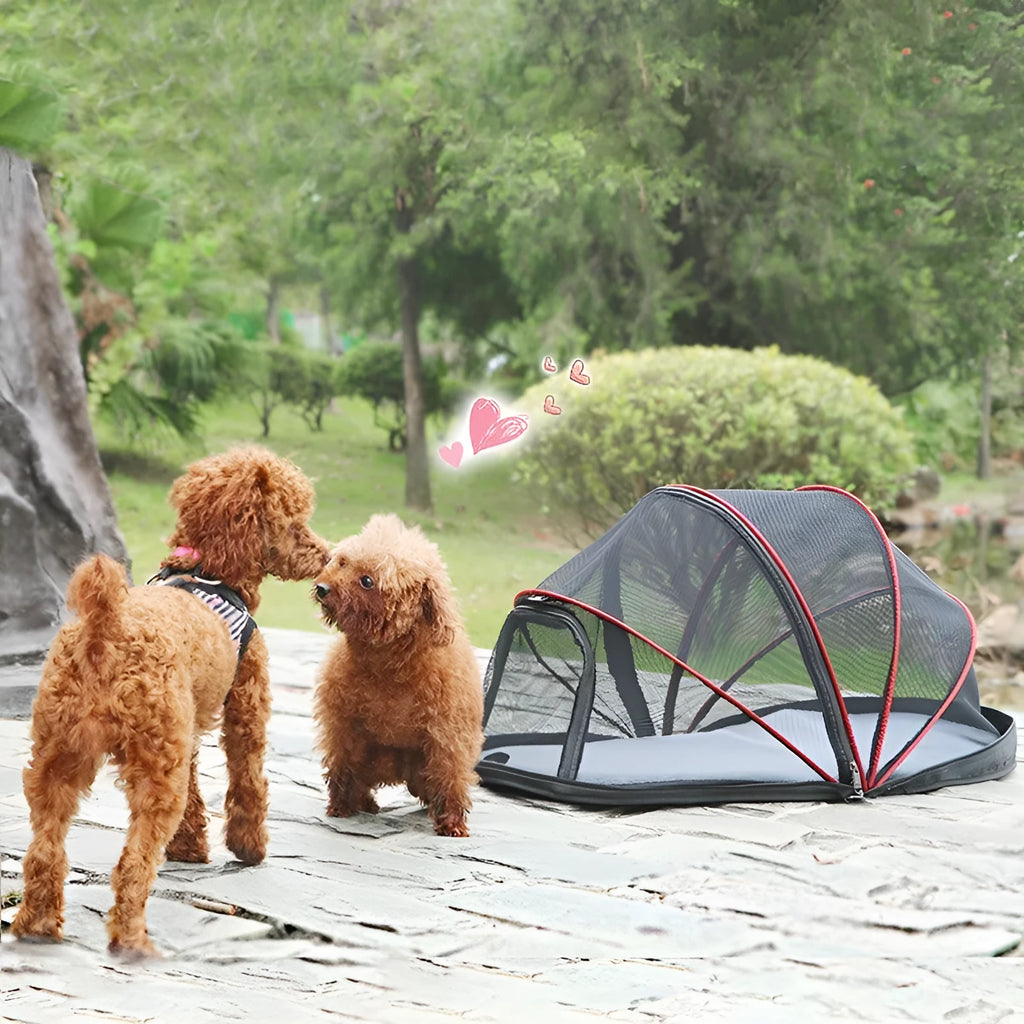 L code portable folding cloth tent for cats, shown with half-mesh panels in blue colour.