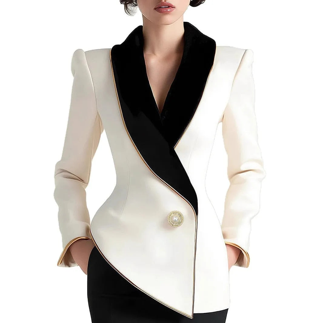 Women's irregular cut long sleeve coat with golden edge detailing and pearl buttons in milky white