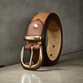 Men's genuine cowhide leather belt with copper pin buckle in black, brown, or khaki.